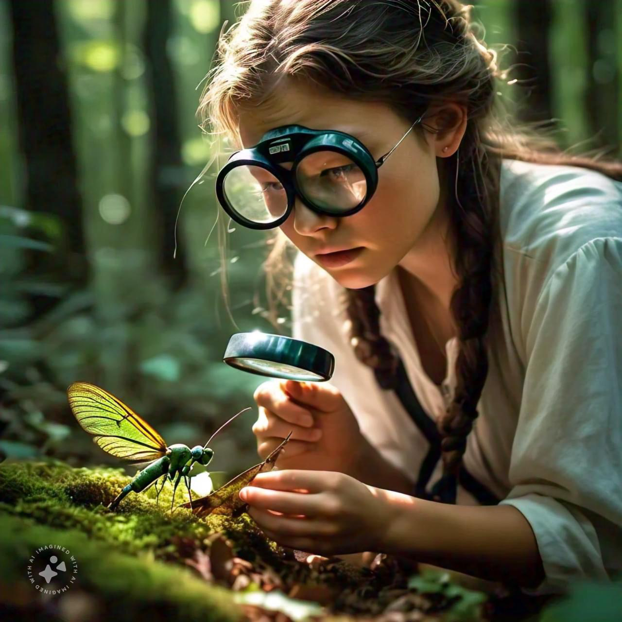 Jeune fille qui observe un insecte avec une loupe